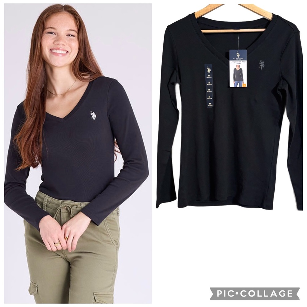 New U.S. Polo Assn. Black V-Neck Long Sleeve Tee Women’s M